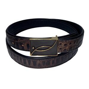 QUIN Designer Embossed Croc Leather Belt Gold Iridescent Buckle Fashion